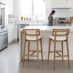 Chaise de bar haut de gamme en teck massif avec dossier en rotin et assise rembourrée, idéale pour bar à domicile, comptoir de cuisine, salle à manger, café commercial moderne - Product Image 5