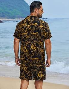 Conjunto de 2 Piezas para Hombre, Camisa de Manga Corta con Botones y Estampado Paisley Barroco Negro y Dorado, Pantalones Cortos a Juego, Estilo Hawaiano Informal, Transpirable para Verano - Product Image 3