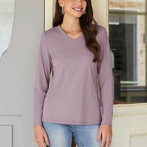 เสื้อเชิ้ตแขนยาวคอวีผู้หญิง สีพื้น เรียบง่าย สวมใส่สบาย ทรงปกติ รับทำโลโก้ตามสั่ง OEM ODM เสื้อแขนยาวผู้หญิง - Product Image 3