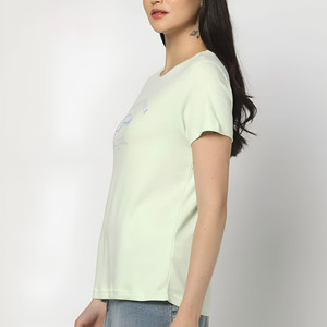 Crop top vert clair pour femme, col rond, manches courtes, en jersey de coton, imprimé lettres, style décontracté, printemps-été, best-seller - Product Image 3