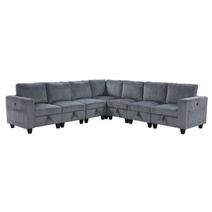 7 pezzi moderno soggiorno divano componibile grigio scuro in tessuto di velluto a coste sedili di ricarica porte mobili in legno massiccio divano - Product Image 1