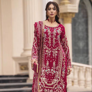 Salwar Kameez de Georgette Magenta y Teal con Bordado Zari Plateado, Traje de Diseñador para Bodas y Fiestas, Pantalón Palazzo Plisado y Dupatta de Encaje - Product Image 1