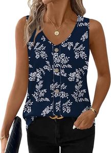 Women's <b>Navy</b> Blue Floral Print V-Neck Sleeveless Tank <b>Top</b> With Buttons Casual Breathable Woven <b>Tops</b> - Product Image 2