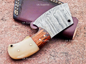 UA Supplies 4-Inch Hand Forged Damascus Steel Miniature Cleaver <b>Knife</b> Straight Edge Wood <b>Handle</b> Outdoor EDC Utility Neck <b>Knife</b> - Product Image 2