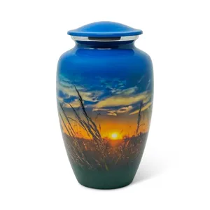 โกศบรรจุอัฐิโลหะแบบคลาสสิก อุปกรณ์งานศพคุณภาพสูง โกศเคลือบเงาพร้อมภาพพิมพ์ โกศสำหรับบรรจุอัฐิมนุษย์ สีฟ้าเงา ภาพพระอาทิตย์ตก - Product Image 1