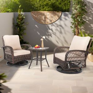 3-Piece Outdoor Swivel Glider Patio Furniture Set Wicker Bistro Rocker with Rattan Chair Glass Top Side for Patios or Gardens - Product Image 5