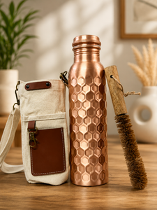 Middle Etching Copper Water <b>Bottle</b> With <b>Cleaning</b> <b>Brush</b> Portable Travel Drinkware Minimalist Design Beige Canvas Carry Bag - Product Image 5