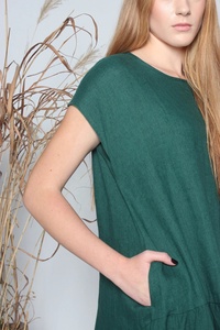 Nouvelle arrivée, robe midi formelle ample en coton vert foncé avec poches - Product Image 4