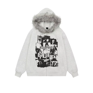 Sudadera con capucha unisex de invierno con cremallera, estilo grunge rock, con capucha de piel sintética, estilo oversize vintage, ropa urbana con logo frontal y tejido de punto. - Product Image 2