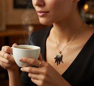 Colgante de Palma de Cuerno Negro Hecho a Mano con Diseño de Líneas Simbólicas en Alambre de Latón y Cadena de Latón Resistente al Deslustre de Longitud Opera - Product Image 6