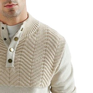 Suéter de punto chevron para hombre, cuello alto, cierre de botones, texturizado, manga larga, otoño, hecho a máquina, 100% poliéster, venta al por mayor - Product Image 3