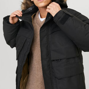 Men Winter Parka Hooded <b>Fur</b> <b>Trim</b> Puffer Jacket Regular Standard Windproof Casual Outdoor Coat Black Custom Logo OEM Service Plus - Product Image 5