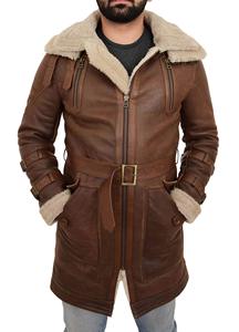 <b>Men's</b> Genuine Leather <b>Shearling</b> Trench <b>Coat</b> With Belt And Zipper Closure Winter Warm Long Duffle <b>Coat</b> Jacket - Product Image 3