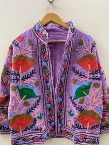 Chaqueta Morada Lavanda Bordada a Mano para Mujer, Elegante, Tradicional, con Diseño Floral, de Algodón y Seda, con Frente Abierto - Product Image 3