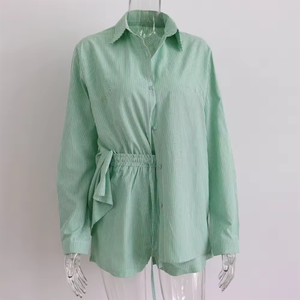 Ensemble chemise boutonnée à manches longues en coton Oxford rayé pour femme, coupe ample, décontracté, printemps-été, 2 pièces, haut et pantalon longs - Product Image 5