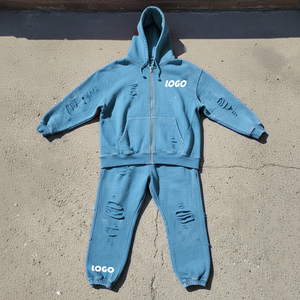 Streetwear Custom <b>Patch</b> Distressed Ripped Double Layer Waffle Zip up Hoodie Jacket and Sweat <b>Shorts</b> Set Sweatsuit for <b>Men</b> - Product Image 5