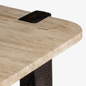 ชุดโต๊ะกาแฟทรงสี่เหลี่ยมหน้าท็อปหินอ่อนทราเวอร์ทีนขอบโค้ง พร้อมฐานไม้เนื้อแข็งอะคาเซียแกะสลักด้วยมืออย่างหรูหรา ลายไม้ธรรมชาติ - Product Image 6