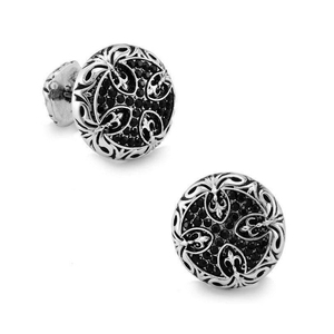 Mancuernillas Redondas Personalizadas de Piedra Negra con Diseño Floral en Tono Plateado Vintage, Joyería Formal para Camisa de Boda para Hombre - Product Image 1