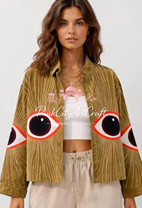 Chaqueta de Mujer de Terciopelo Verde Oliva Hecha a Mano con Parches de Ojo Turco y Bordado Dorado Estriado, Transpirable y Ecológica Acolchada - Product Image 5
