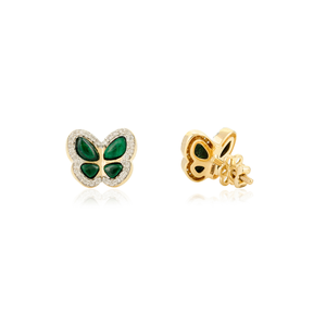 14K Art Deco Malachite Green Butterfly Stud <b>Earrings</b> - Product Image 3