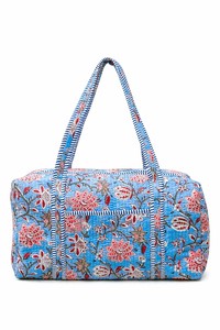 Handmade bohemian block Blue Floral Canvas Weekender Duffle <b>Bag</b> With Zipper Closure Large Capacity Travel <b>Bag</b> For Women - Product Image 1