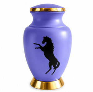 Urna Funeraria Ecológica y Duradera de Estilo Americano con Grabado de Caballo Morado y Negro y Banda Dorada para Guardar Cenizas Humanas - Product Image 1