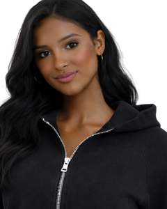 Sudadera corta con capucha y cremallera para mujer, de algodón negro, forro polar, manga larga, informal, estilo urbano, ropa de invierno para mujer y chica, a la moda - Product Image 3