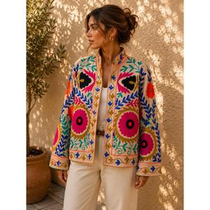 Chaqueta de terciopelo champán de lujo, estilo suzani, con bordado floral, cuello alto, manga larga, estilo bohemio, para mujer, ropa de abrigo de primavera - Product Image 1
