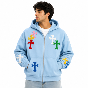 Sweat à capuche pour homme bleu ciel en chenille avec patch croisé, style Y2K, en mélange de coton molletonné, fermeture éclair intégrale, coupe oversize, épaules tombantes, logo personnalisé, fabricant - Product Image 1