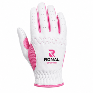 Gant de golf pour femme Ronal Sports, main droite, blanc rose, cuir véritable, respirant, fermeture auto-agrippante, personnalisable OEM, gant en cuir Cabretta - Product Image 2