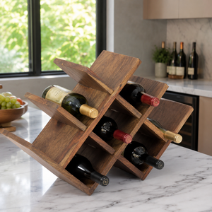Porte-bouteilles en bois artisanal, support de rangement autoportant pour 6 bouteilles, pour comptoir de cuisine, bar à domicile, restaurant et présentation à la salle à manger - Product Image 2