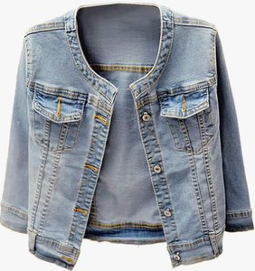 Women's 3/4 Sleeve <b>Cropped</b> <b>Denim</b> <b>Jacket</b> Light Wash Short Jean Trucker Coat Button-Up Casual Distressed Eco-Friendly 100% - Product Image 1