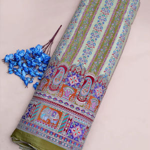 Tela crepé natural color camel con estampado floral a rayas y borde ornamental para material de vestido Kurti, ropa étnica. - Product Image 1