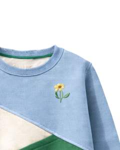 Sweat-shirt en molleton personnalisé bleu ciel et vert à blocs de couleur avec fleurs brodées pour femme, col rond en mélange de coton, décontracté d'hiver, OEM - Product Image 6