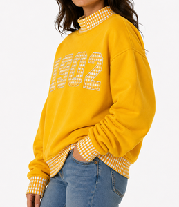 Sweat-shirt à col roulé pour femme 1902, vente en gros, personnalisé, à pois gingham, patchwork, grande taille, épaules tombantes, en tissu éponge, décontracté - Product Image 4