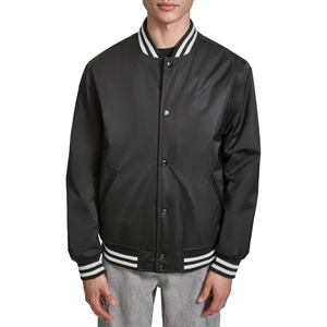 <b>Men's</b> Black Varsity <b>Jacket</b> With <b>White</b> Stripe Collar And Cuffs Regular Fit Casual Style Polyester Material Autumn Wear - Product Image 1