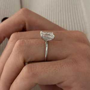 3 Carat <b>Emerald</b> Cut Lab Grown Diamond Hidden Halo <b>Ring</b> , Thin 1.5MM <b>Band</b> 3ct Diamond Proposal <b>Ring</b> , IGI Certified - Product Image 2