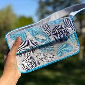<b>Light</b> Blue Beaded Clutch: Embroidered <b>Shell</b> Vacation Bag - Product Image 4