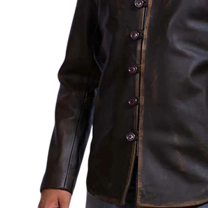Veste en cuir véritable marron foncé vieilli pour homme, col montant vintage, fermeture boutonnée, vêtement d'extérieur décontracté haut de gamme - Product Image 5
