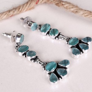 Pendientes Colgantes de Latón Oxidado con Cuarzo Azul, Estilo Bohemio, Forma de Campana, Venta al por Mayor, Hechos a Mano - Product Image 4