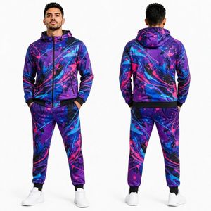 Purple Blue Splash Pattern Sublimated Tracksuit Full <b>Zip</b> <b>Hooded</b> Premium Polyester Quick Dry Lightweight Fitness Tracksuits - Product Image 1