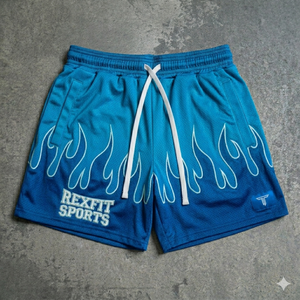 Shorts de sport personnalisés REXFIT SPORTS, design imprimé flamme, en mesh respirant pour hommes et garçons, pour entraînement de basketball et fitness. - Product Image 2