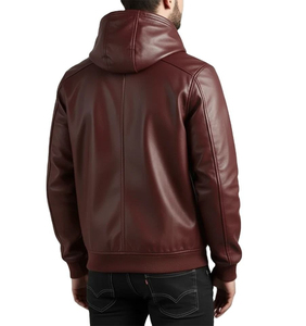 Veste d'hiver en cuir pour homme, motif uni, classique, de haute qualité, avec capuche, coupe-vent et imperméable, avec fermeture éclair - Product Image 3