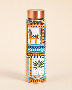 Designer <b>Copper</b> Water <b>Bottle</b> with Elephant & Geometric Print, Stylish Printed Metal <b>Drinking</b> <b>Bottle</b> with Lid for Home Office - Product Image 1