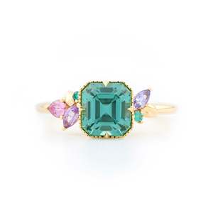 Bague en or 14 carats pour femme, diamant taille Asscher, pierres précieuses roses et violettes, style fiançailles romantique, certifiée IGI, synthétique, cultivée en laboratoire, 2.5 - Product Image 1