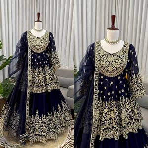 Traje Sharara Tradicional Bordado en Tela Georgette Sintética Azul Marino con Dupatta para Eid, para Mujer, Negro, de Secado Rápido, Protección Solar - Product Image 3