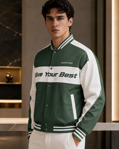 เสื้อแจ็คเก็ตบอมเบอร์สีเขียวขาวสำหรับผู้ชาย ปกคอพับ ติดกระดุม สไตล์สปอร์ต พิมพ์ลายโลโก้ด้านหน้า ผลิตจากโพลีเอสเตอร์ เหมาะสำหรับฤดูใบไม้ร่วง - Product Image 4