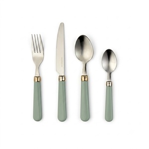 Juego de cubiertos de acero inoxidable con mangos modernos en verde salvia, pulido a espejo, apto para lavavajillas y resistente al óxido. - Product Image 1