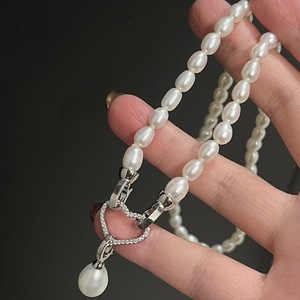 Collar de Perlas de Agua Dulce de Alta Calidad de 5-6 mm + 9-10 mm con Forma de Arroz, con Cierre de Amor, Anillo Doble, Collar con Cierre Universal - Product Image 2