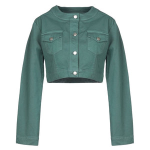 Green Cropped Denim <b>Jacket</b> <b>Women</b> Long Sleeve Mandarin Collar Button Front Utility Style Autumn Wear - Product Image 1